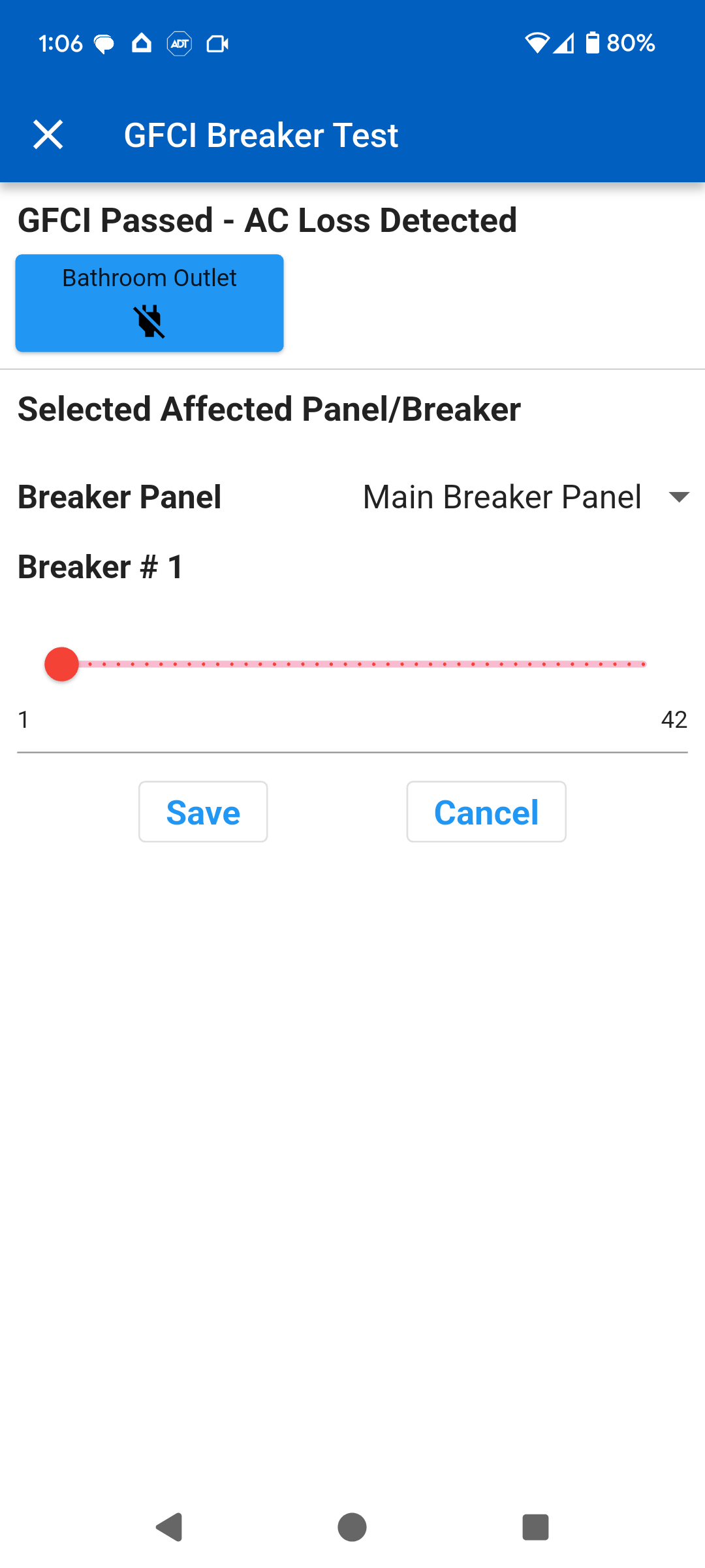 GFCI test result showing pass status and breaker options