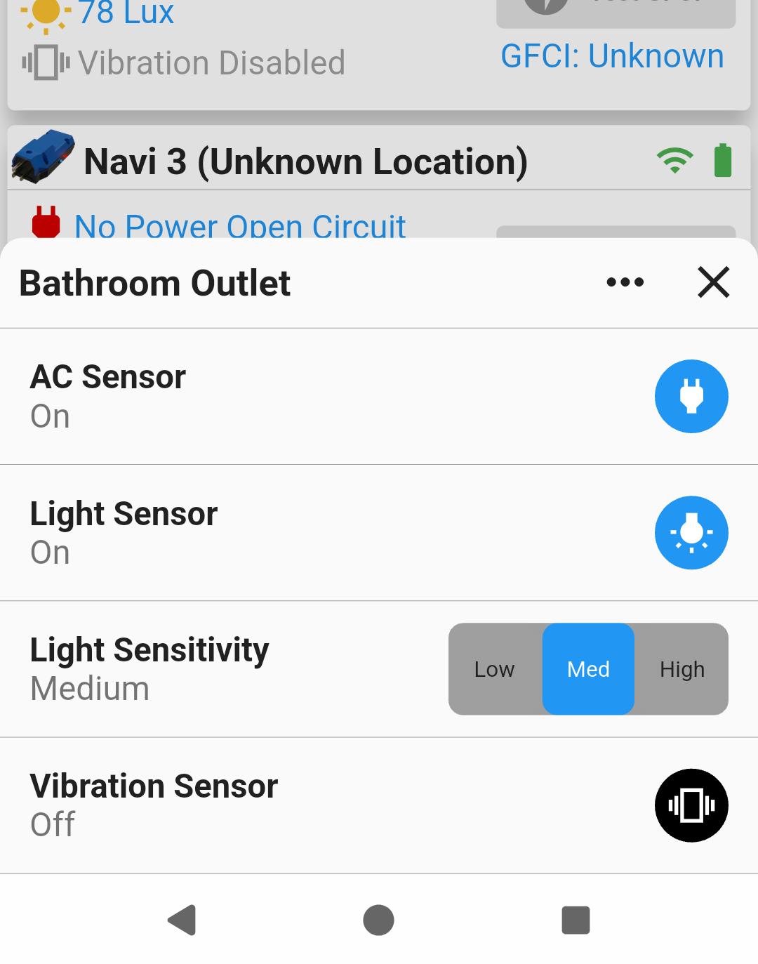 Navi sensor settings panel showing AC, Light, and Vibration options