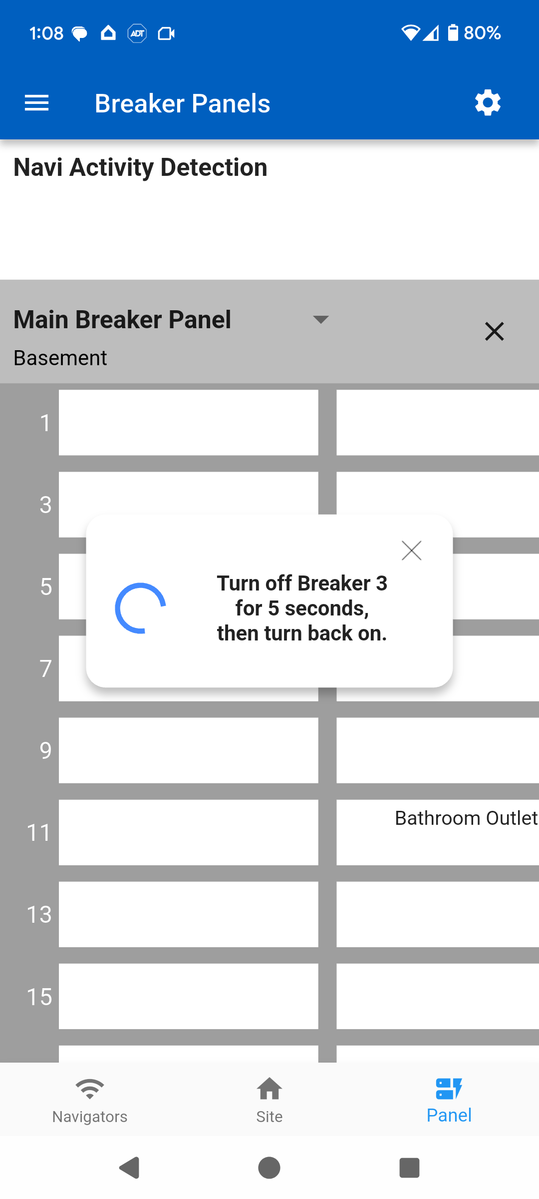 Double-tapping a breaker in the Panel page to begin identifying affected outlets