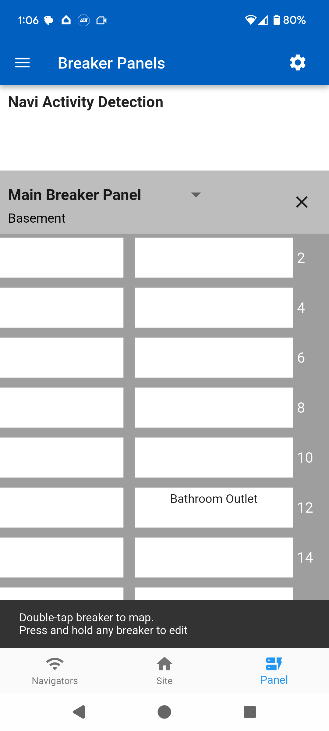 Panel page showing breakers with a labeled outlet