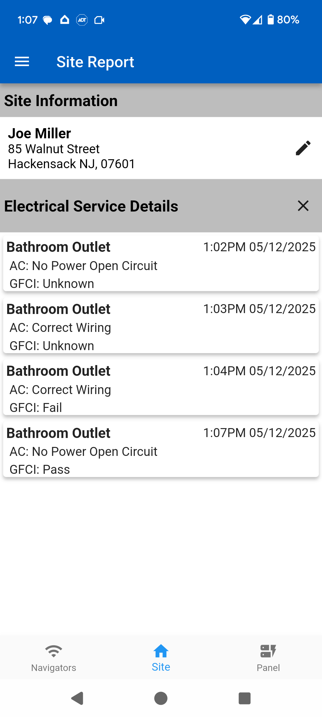 Site page showing the Electrical Service Details log with multiple recorded results